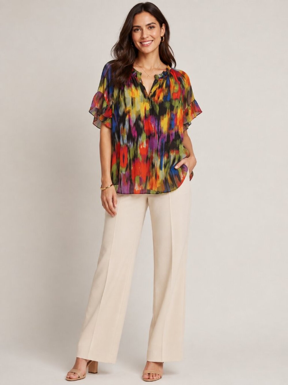 Cynthia Rowley 2X Multicolor Abstract Floral Sheer Blouse NWT Flutter Sleeve Top